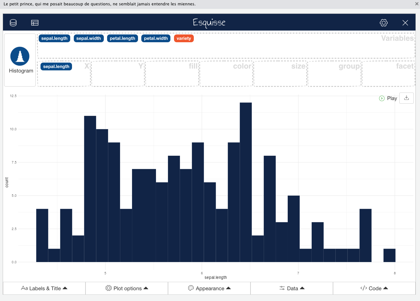 Sepal length histogram in R Esquisse